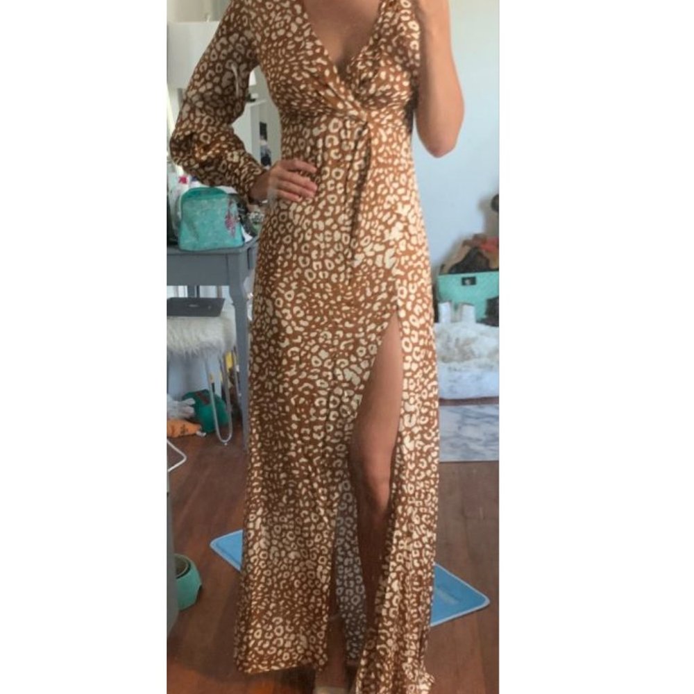 *Alexis One Sleeve High Slit Leopard Print Maxi
